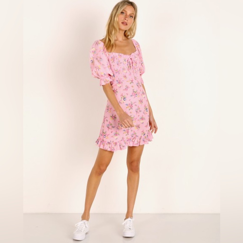 Faithfull the Brand Pink Floral Puff Sleeve Mini Dress